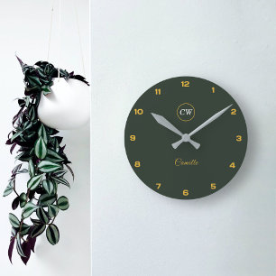 Horloge Ronde Monogramme élégant Or & Forêt Vert