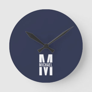 Horloge Ronde Monogramme et nom personnalisés bleu marine