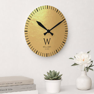 Horloge Ronde Monogramme Faux Papier D'or Noir Nom Personnalisé 