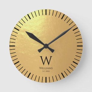 Horloge Ronde Monogramme Faux Papier D'or Noir Nom Personnalisé
