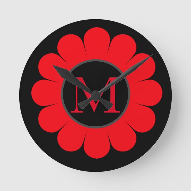 Horloge Ronde Monogramme floral rouge Noir Nom personnalisé Abst (Recto)