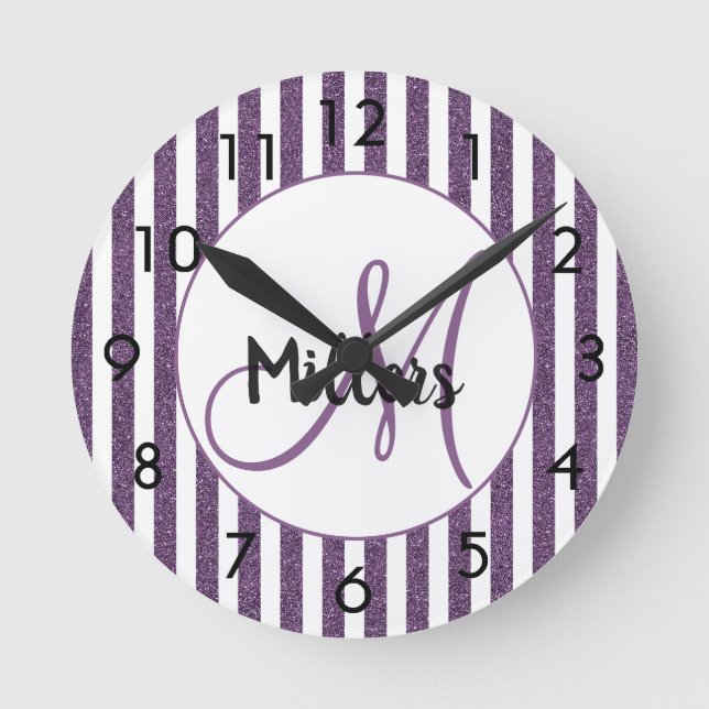 Horloge Ronde Monogramme girly rayures blanc violet pailleté (Recto)