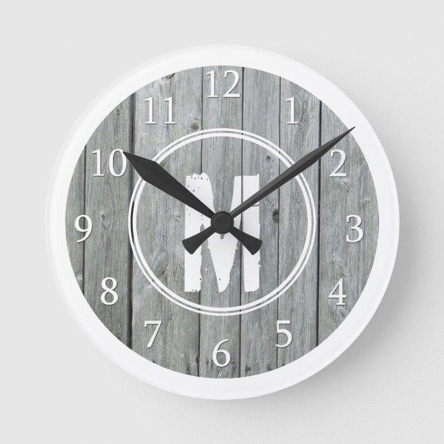 Horloge Ronde Monogramme Gris Blanc Distressed Wood (Recto)