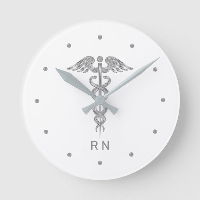 Horloge Ronde Monogramme Infirmière Silver Grey Caduceus sur bla (Recto)