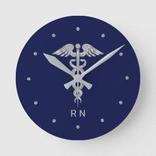 Horloge Ronde Monogramme Infirmière Silver Grey Caduceus sur ble