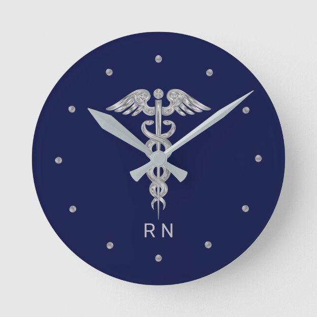 Horloge Ronde Monogramme Infirmière Silver Grey Caduceus sur ble (Recto)