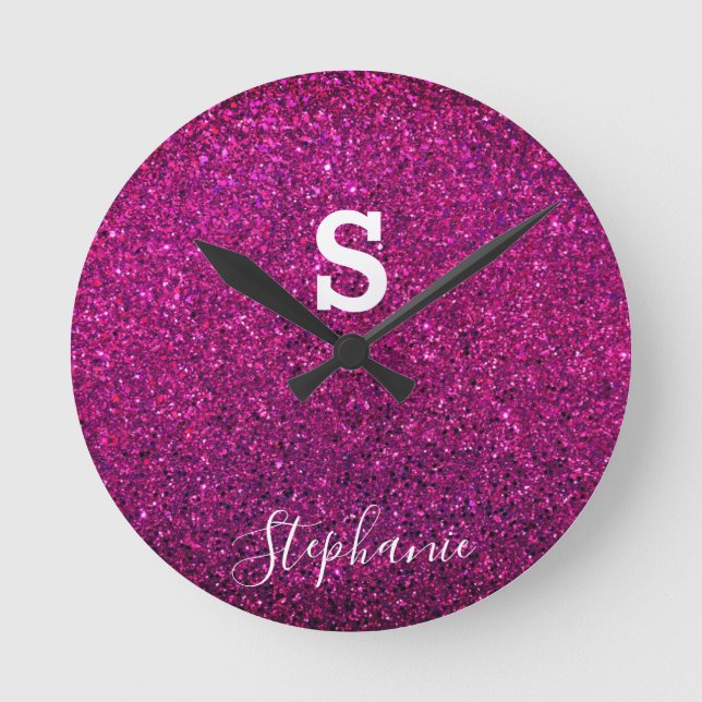 Horloge Ronde Monogramme Initial Nom Rose Violet Pailleté Modern (Recto)