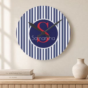 Horloge Ronde Monogramme Initiale Rayé Rouge Navy Prépa