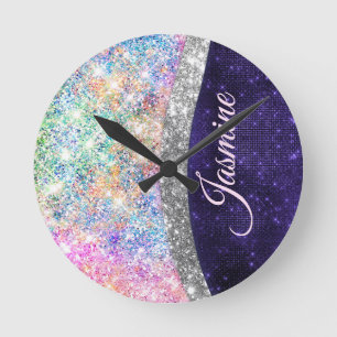 Horloge Ronde monogramme irisé de fausse parties scintillant vio