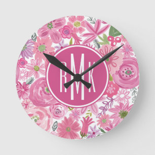 Horloge Ronde Monogramme Je fais Pink Aquarelle Motif Floral