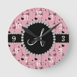 Horloge Ronde Monogramme joli motif tour eiffel rose