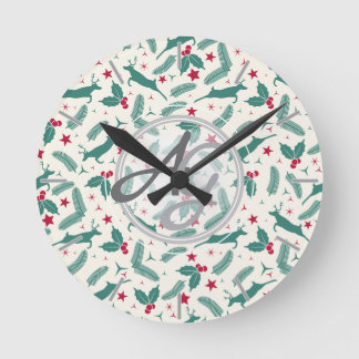 Horloge Ronde Monogramme Jours fériés Décor Stag Holly Folk