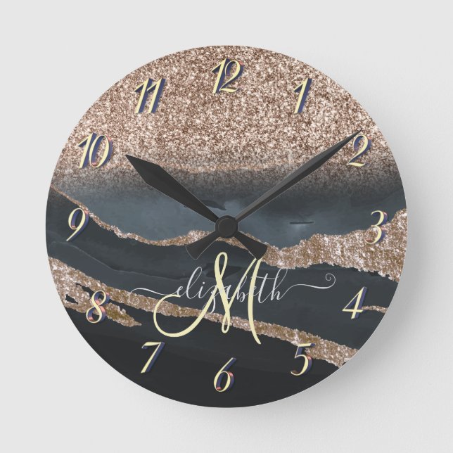 Horloge Ronde Monogramme Marbre Pailleté Moderne (Recto)