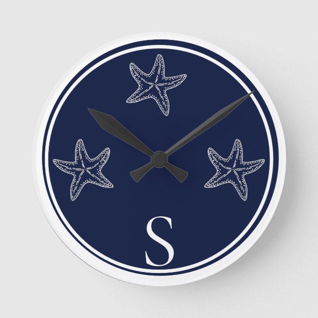Horloge Ronde Monogramme Marine Bleue Bleu Starfish Plage (Recto)