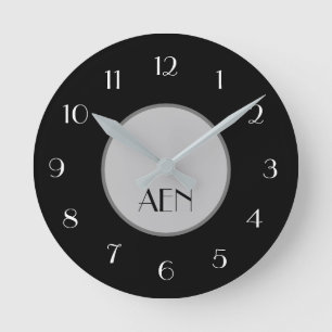 Horloge Ronde Monogrammé Minimaliste Élégant Noir Gris Blanc