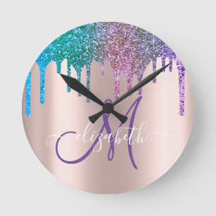 Horloge Ronde Monogramme Moderne Élégant Paillettes Gouttes Rose