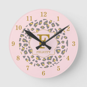 Horloge Ronde Monogramme Motif Léopard Rose Or Moderne