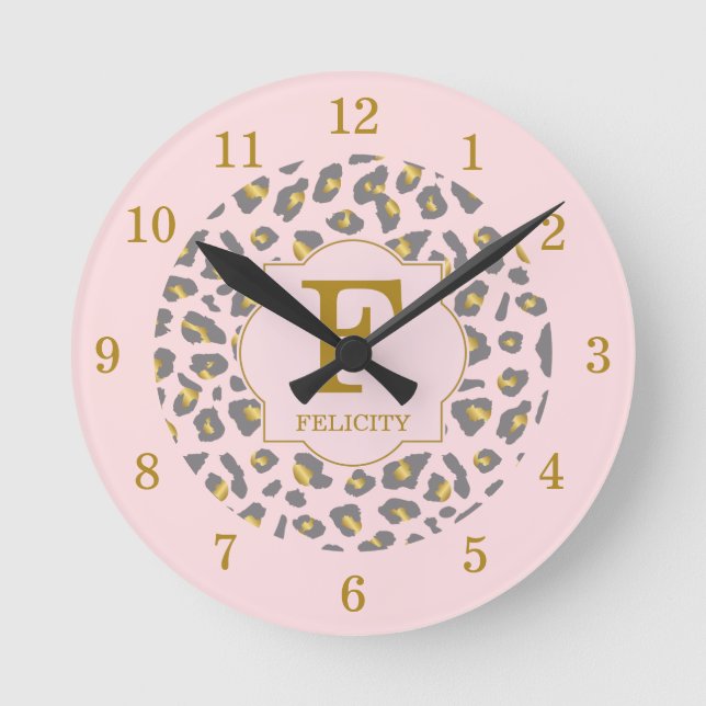 Horloge Ronde Monogramme Motif Léopard Rose Or Moderne (Recto)