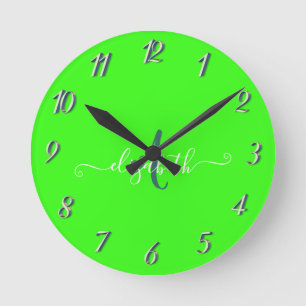 Horloge Ronde Monogramme Néon Fluorescent Vert