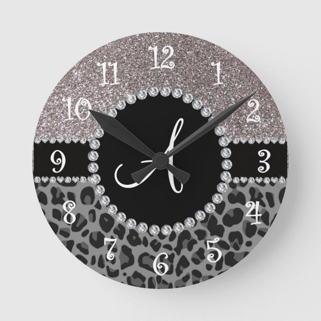 Horloge Ronde Monogramme noir léopard argent parties scintillant (Recto)