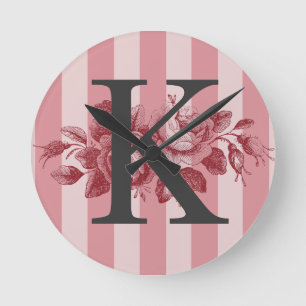 Horloge Ronde Monogramme personnalisable Pink Stripes Roses de c