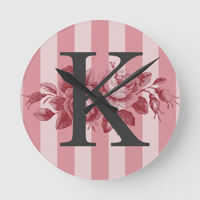 Horloge Ronde Monogramme personnalisable Pink Stripes Roses de c (Recto)