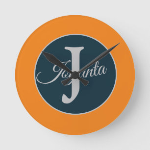 Horloge Ronde Monogramme personnalisé bleu gris orange Élégant