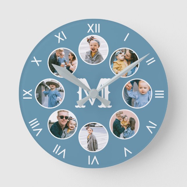 Horloge Ronde Monogramme Photo Collage chiffres romains bleu (Recto)