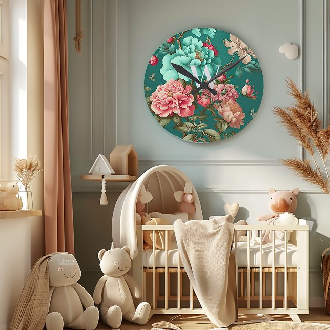 Horloge Ronde Monogramme romantique classique Turquoise et rose  (Elegant Vintage Teal Blue Floral Monogrammed Wall Clock)