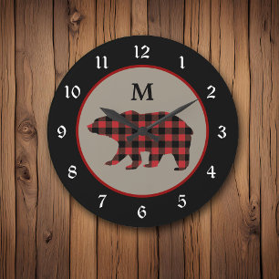 Horloge Ronde Monogramme rouge d'ours de plaid de Buffalo noir