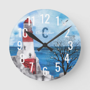 Horloge Ronde Monogramme Rouge et Bleu Phare Aquarelle Art