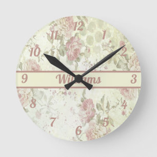 Horloge Ronde Monogramme Shabby Chic Rose Florale Rose Pink Vert