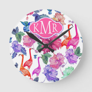Horloge Ronde Monogramme tropical du motif d'aquarelle