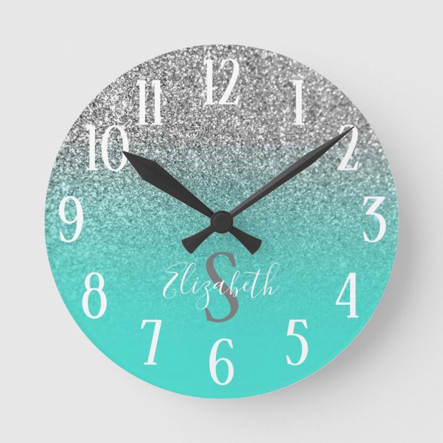 Horloge Ronde Monogramme Turquoise et argent Parties scintillant (Recto)