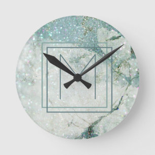 Horloge Ronde Monogramme Turquoise moderne en marbre bleu encadr