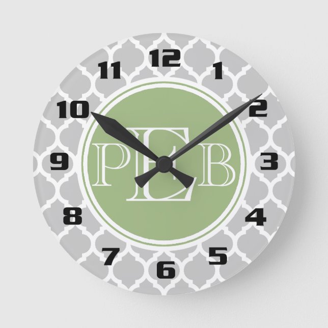 Horloge Ronde Monogramme vert argenté gris Quatrefoil Sage (Recto)