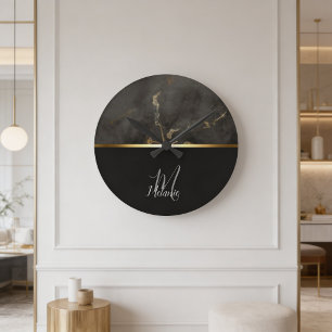 Horloge Ronde Monographie en or marbre noir