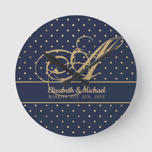 Horloge Ronde Monorgam Navy Blue Gold Polkadot Newlywes Mariage (Recto)