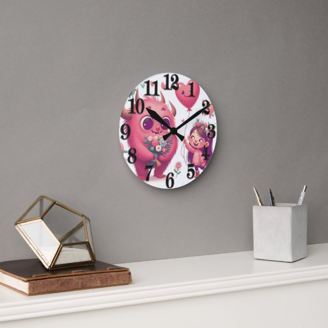 Horloge Ronde Monstre rose et la petite fille (Bureau)