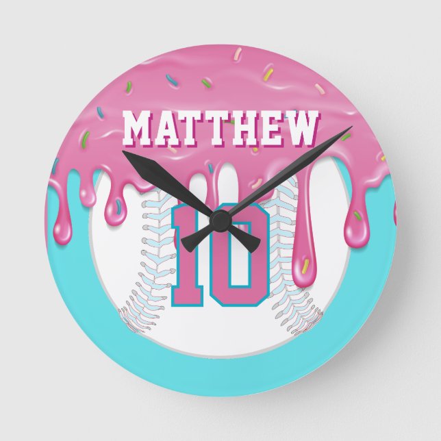 Horloge Ronde Montre Baseball Drip Rose et Bleu (Recto)