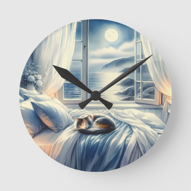 Horloge Ronde Moonlit Coastal Bedroom with Sleeping Cat (Recto)