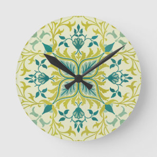 Horloge Ronde Morris Jaune Turquoise Vigne & Motif Floral