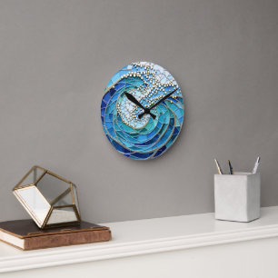 Horloge Ronde Mosaïque Mer de Vagues Art