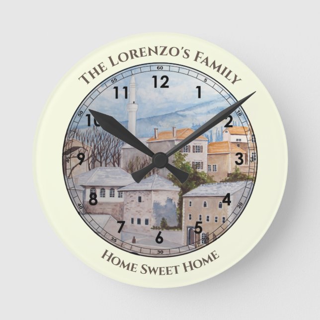 Horloge Ronde Mostar City Bosnie Acrylique Townscape Peinture (Recto)