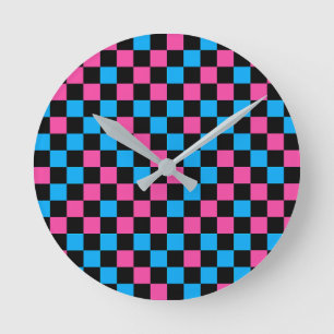 Horloge Ronde Motif à carreaux bleu rose et noir