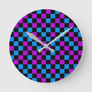 Horloge Ronde Motif à carreaux bleu violet et noir