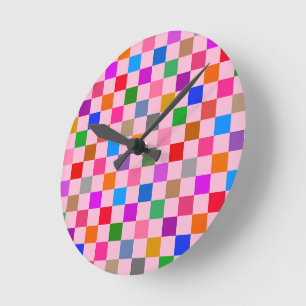 Horloge Ronde Motif à carreaux coloré rose