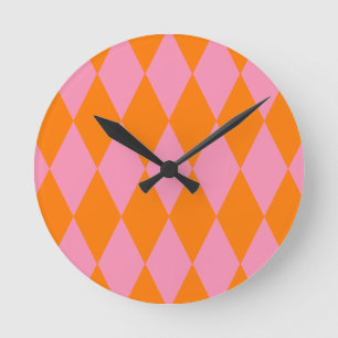 Horloge Ronde Motif à carreaux Harlequin orange et rose 