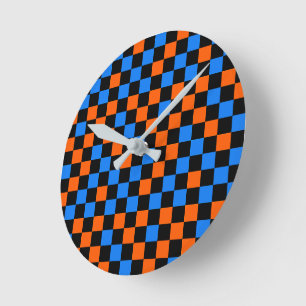 Horloge Ronde Motif à carreaux orange bleu et noir