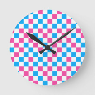Horloge Ronde Motif à carreaux rose bleu et blanc
